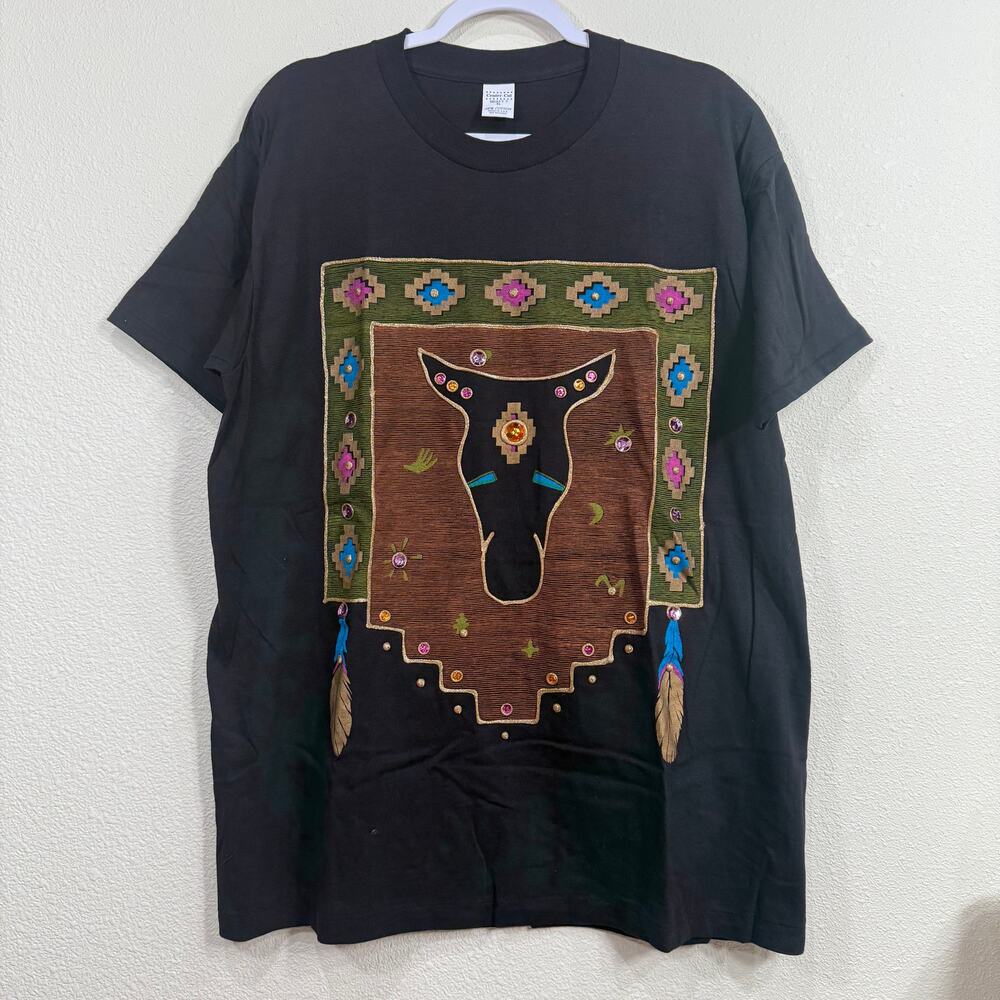 Vintage 80s 90s Horse Embellished T-Shirt Single Stitch Western Southwestern XL